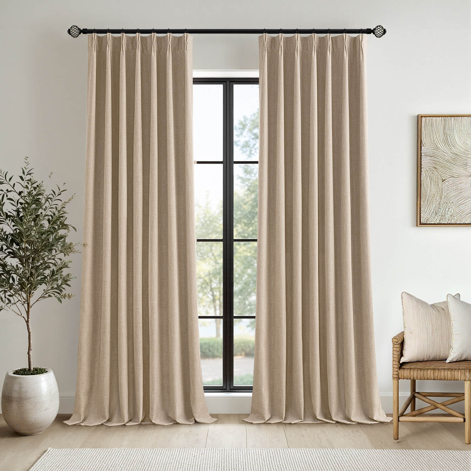 MIULEE Taupe Pinch Pleated 100% Blackout Linen Curtains 108 Inch Long 2 Panels Set, Pleat Curtains with Pin Hooks, Black Out Light Blocking Room Darkening Drapes for Bedroom Living Room Window