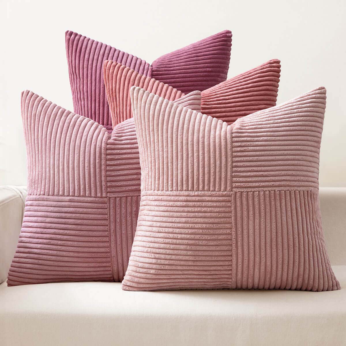 Patchwork Corduroy Farmhouse Pillow Covers Pink 16x16-inch
