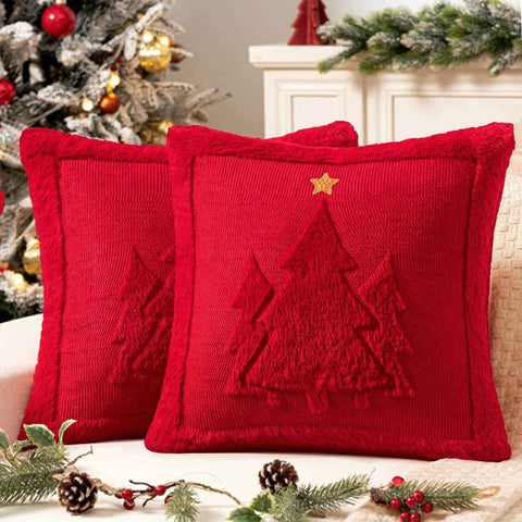 Decorative Christmas Trees Faux Fur Wool Pillow Covers Red 18x18-inch