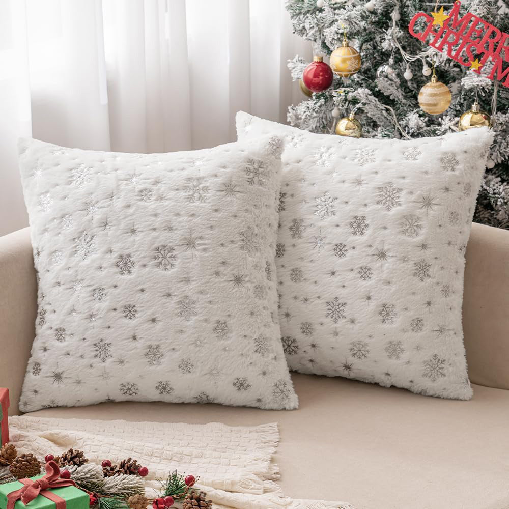 Christmas Decorative Faux Fur Throw Pillow Covers Ivory 24x24-inch