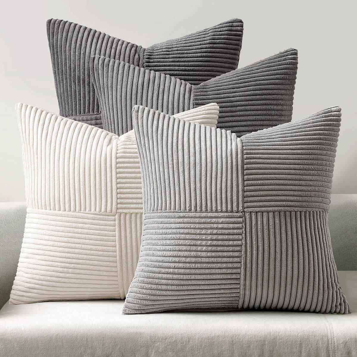 Patchwork Corduroy Farmhouse Pillow Covers Grey 18x18-inch