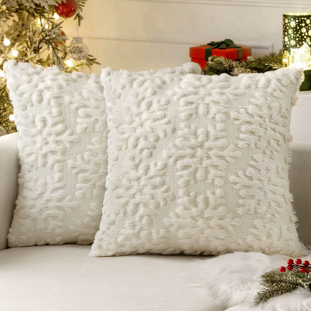 MIULEE Cream White Throw Pillow Covers Christmas Snowflakes Decorative Pillow Covers 16x16 Inch Soft Plush Faux Wool Pillow Covers Set of 2 Farmhouse Couch Pillows Home Decors for Sofa Livingroom Bed