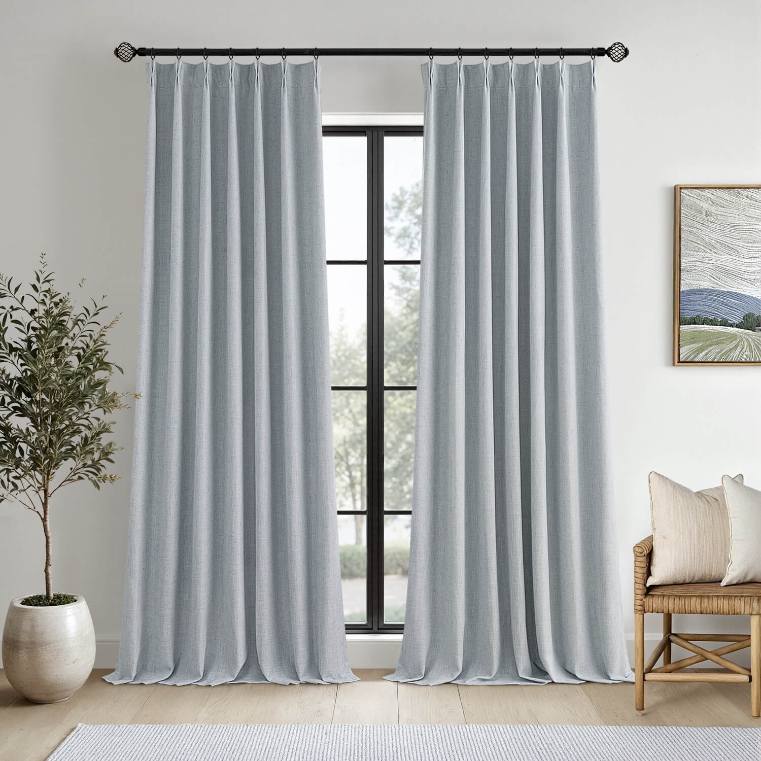 MIULEE Grayish Blue Pinch Pleated 100% Blackout Linen Curtains 108 Inch Long 2 Panels Set, Pleat Curtains with Pin Hooks, Black Out Light Blocking Room Darkening Drapes for Bedroom Living Room Window