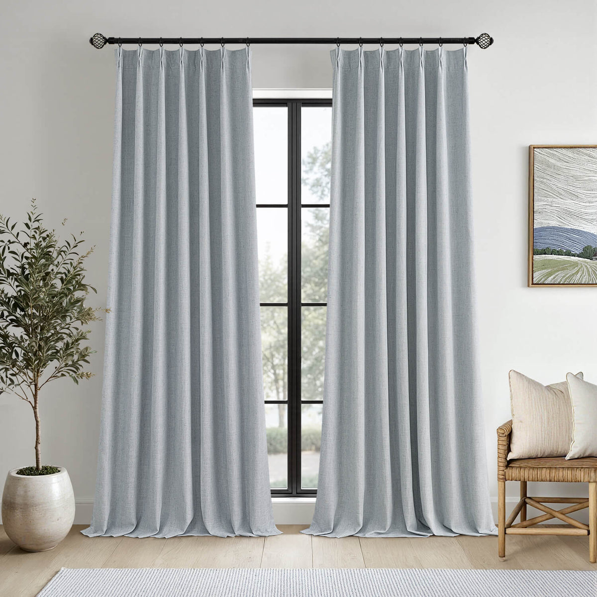 MIULEE Grayish Blue Pinch Pleated 100% Blackout Linen Curtains 108 Inch Long 2 Panels Set, Pleat Curtains with Pin Hooks, Black Out Light Blocking Room Darkening Drapes for Bedroom Living Room Window