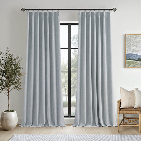 MIULEE Grayish Blue Pinch Pleated 100% Blackout Linen Curtains 90 Inch Length 2 Panels Set, Pleat Curtains with Pin Hooks, Black Out Light Blocking Room Darkening Drapes for Bedroom Living Room Window