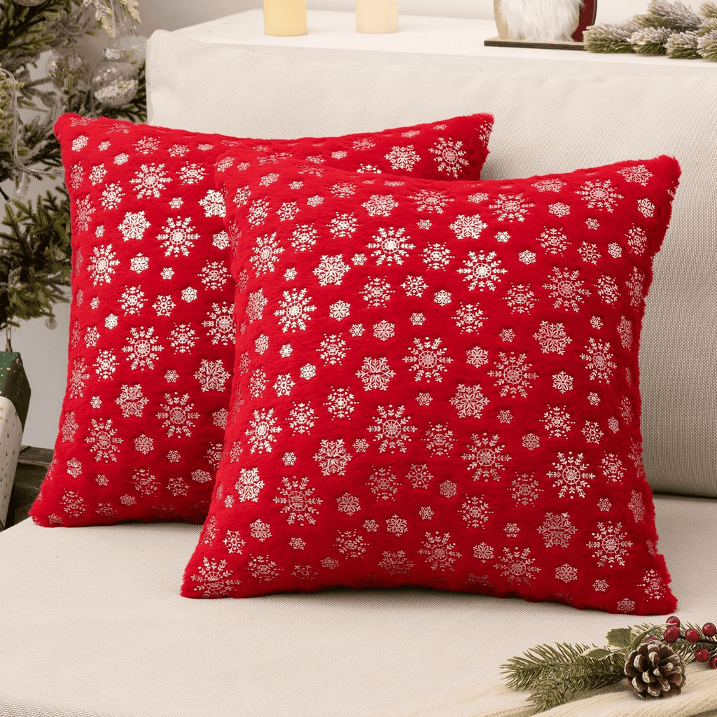 MIULEE Christmas Red Throw Pillow Covers Set of 2 Snowflakes Decorative Pillow Covers 18x18 Inch Soft Plush Faux Fur Pillowcases Farmhouse Couch Pillows Home Decors for Sofa Living Room Bed