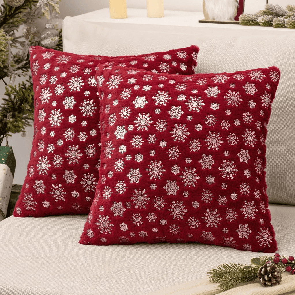 MIULEE Christmas Burgundy Throw Pillow Covers Set of 2 Snowflakes Decorative Pillow Covers 20x20 Inch Soft Plush Faux Fur Pillowcases Farmhouse Couch Pillows Home Decors for Sofa Living Room Bed