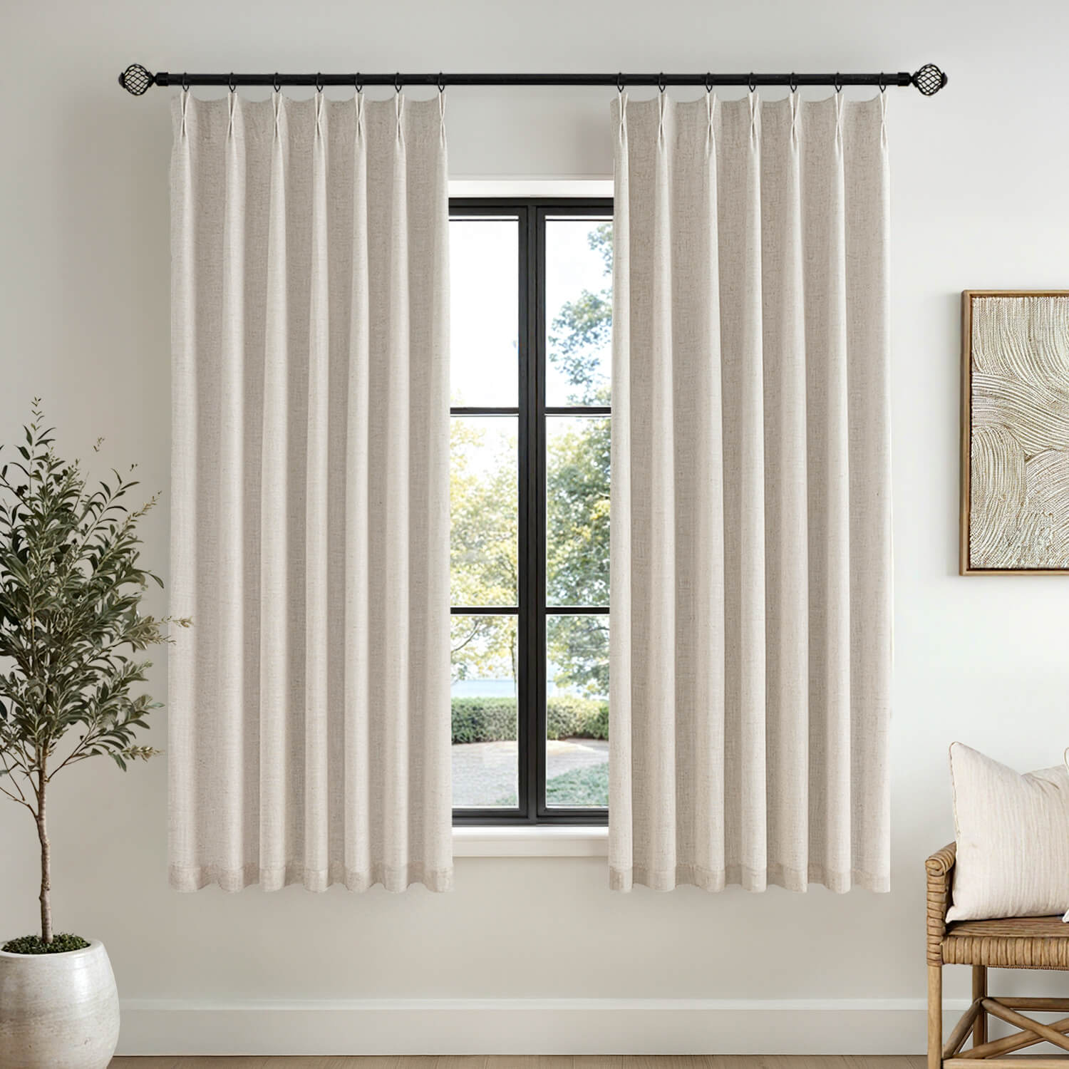 MIULEE Beige Pinch Pleated 100% Blackout Linen Curtains for Bedroom, Room Darkening Light Blocking Window Curtains 63 inches Long for Living Room, Black Out Pleat Drapes with Pin Hooks, 2 Panels