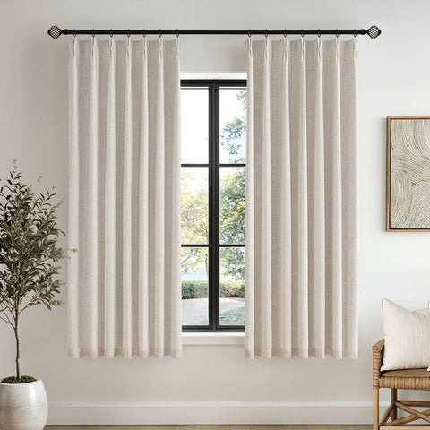 MIULEE Beige Pinch Pleated 100% Blackout Linen Curtains for Bedroom, Room Darkening Light Blocking Window Curtains 63 inches Long for Living Room, Black Out Pleat Drapes with Pin Hooks, 2 Panels