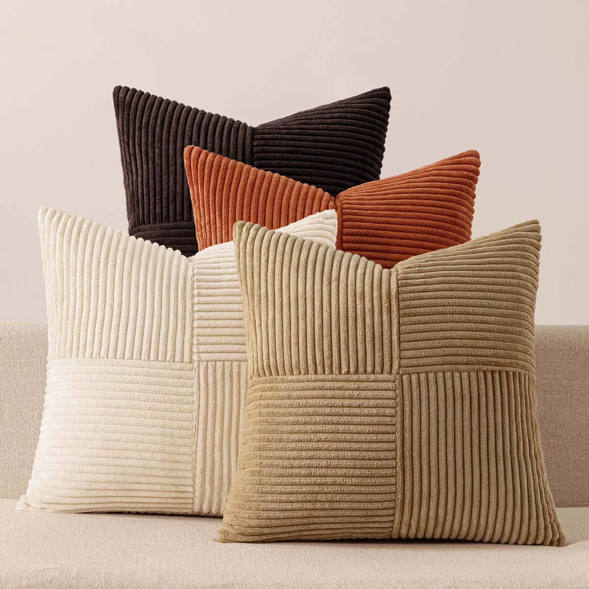 Patchwork Corduroy Farmhouse Pillow Covers Brown Beige 20x20-inch