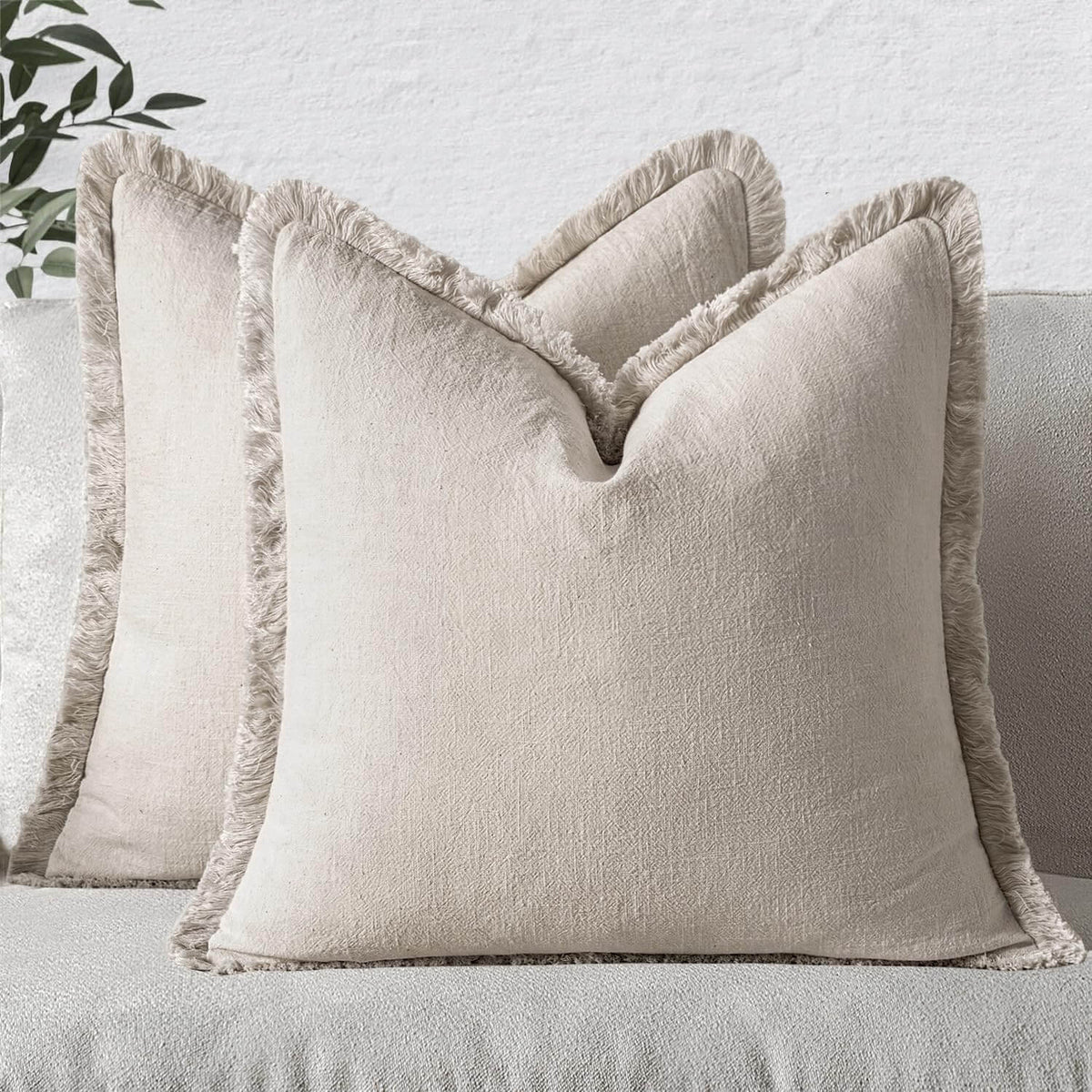 MIULEE Decorative Throw Pillow Covers Neutral Linen Fringe Throw Pillows Euro Shams Set of 2 Natural Beige Boho Farmhouse Cushion Covers for Couch Sofa Bed Living Room Spring Home Decor 28x28 Inch