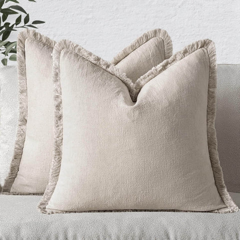 MIULEE Decorative Throw Pillow Covers Neutral Linen Fringe Throw Pillows Euro Shams Set of 2 Natural Beige Boho Farmhouse Cushion Covers for Couch Sofa Bed Living Room Spring Home Decor 28x28 Inch