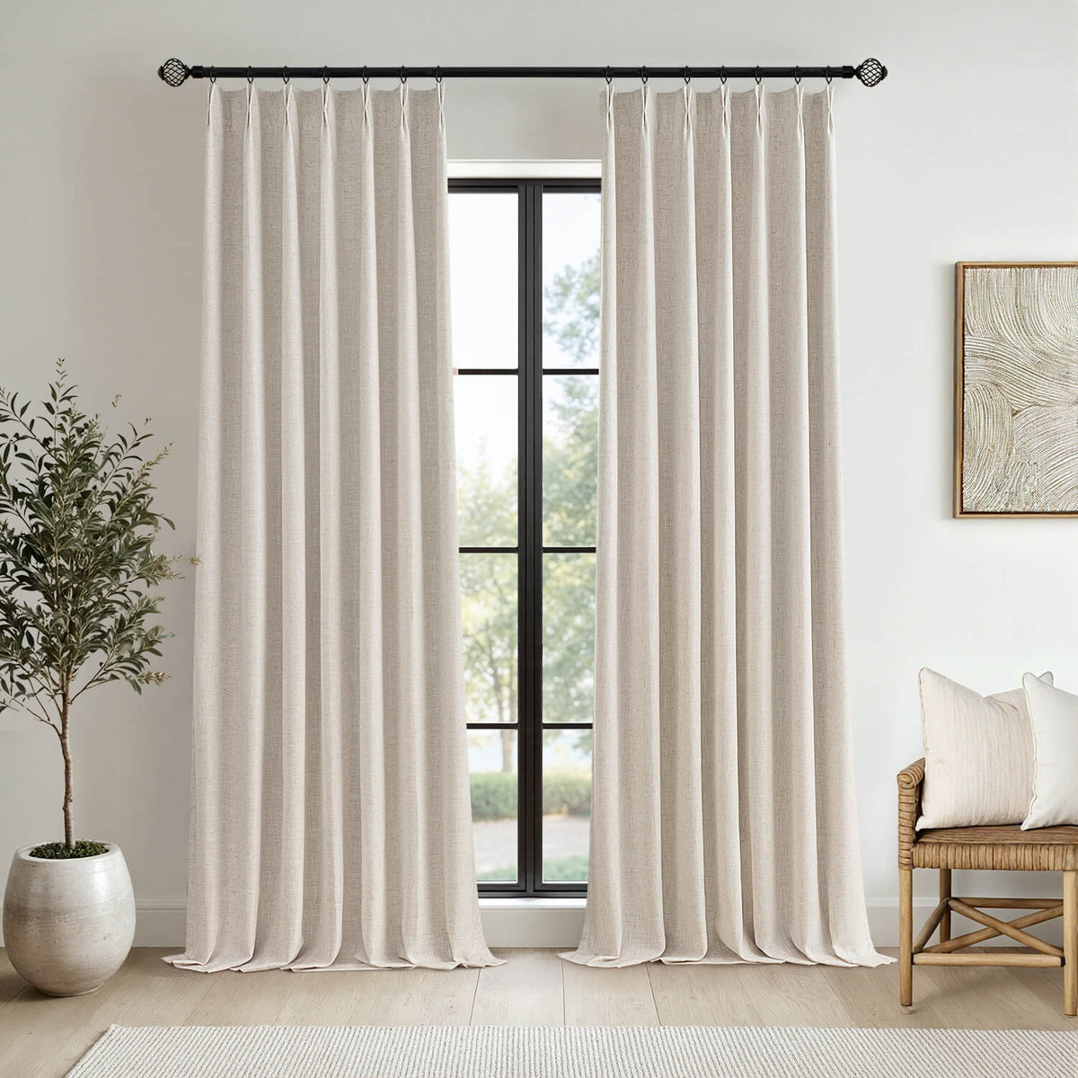 MIULEE Beige Pinch Pleated 100% Blackout Linen Curtains 108 Inch Long 2 Panels Set, Pleat Curtains with Pin Hooks, Black Out Light Blocking Room Darkening Drapes for Bedroom Living Room Window