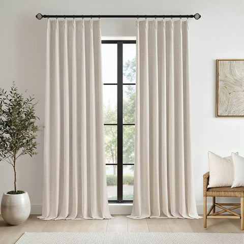 MIULEE Beige Pinch Pleated 100% Blackout Linen Curtains for Bedroom, Room Darkening Light Blocking Window Curtains 84 inches Long for Living Room, Black Out Pleat Drapes with Pin Hooks, 2 Panels