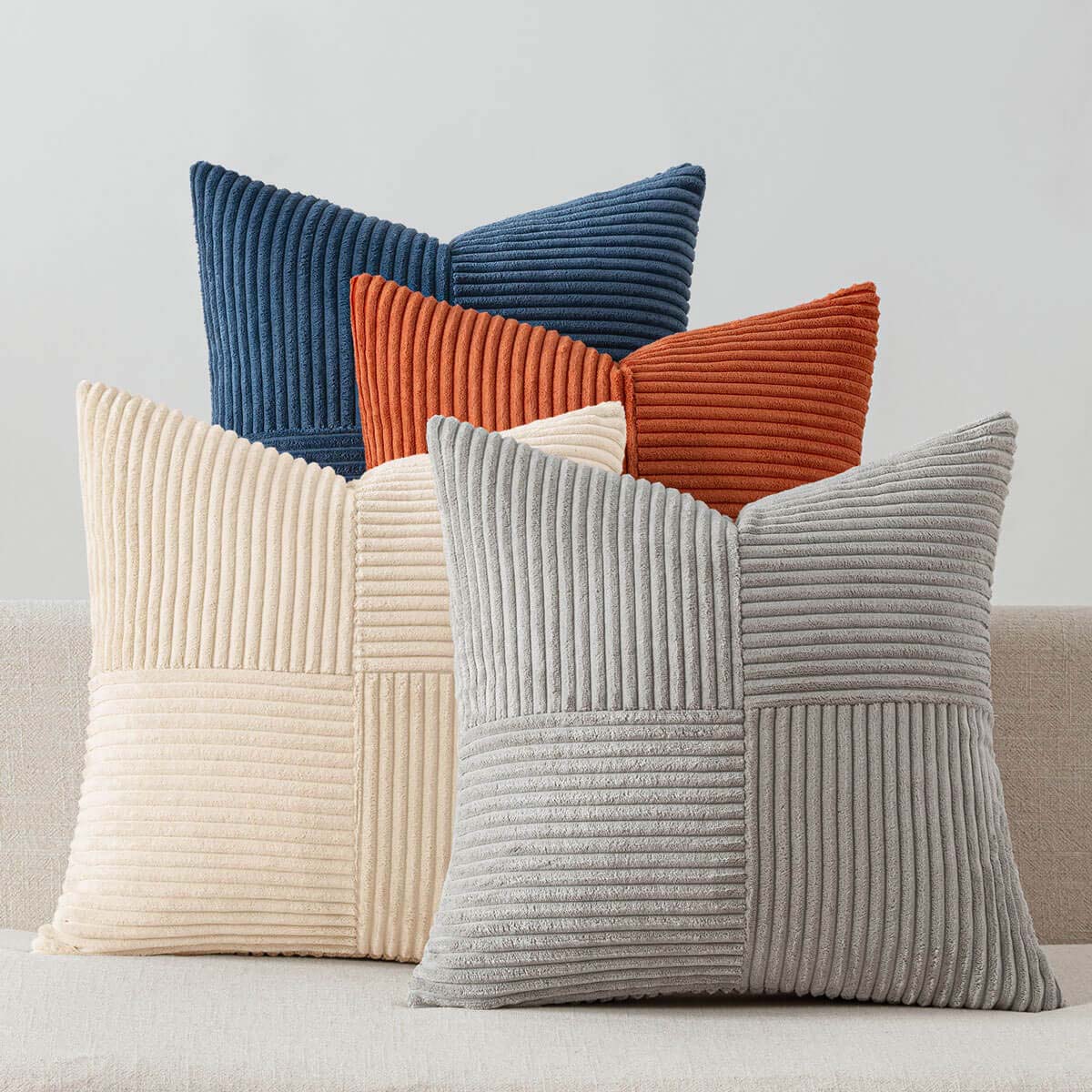 Patchwork Corduroy Farmhouse Pillow Covers Blue Rust 16x16-inch