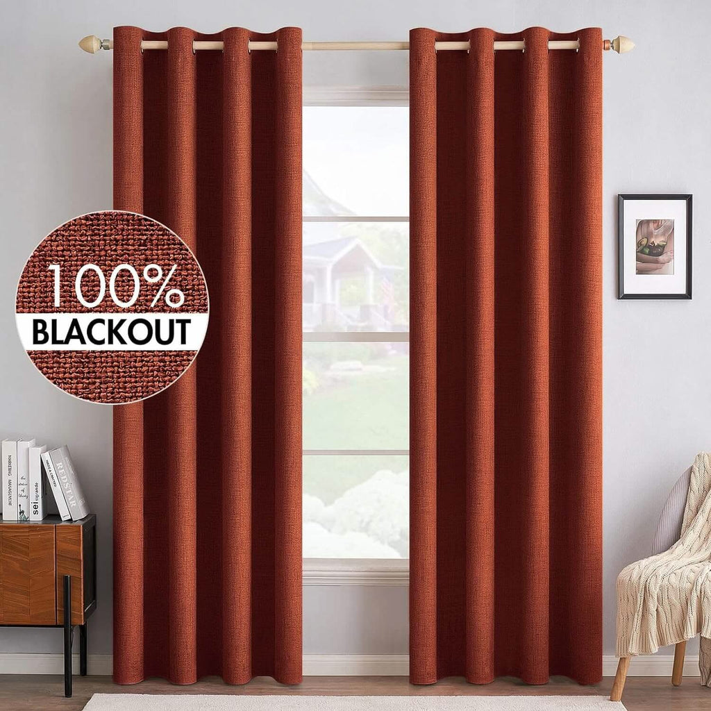 MIULEE 100% Blackout Linen Textured Curtains Nursery 52 x 84 Inch (2 Panels) | Burnt Orange