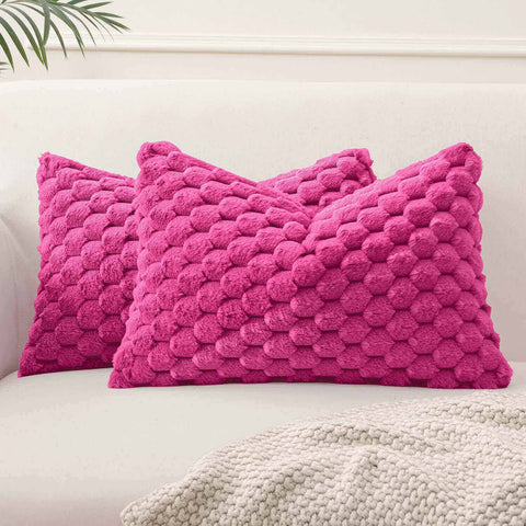 Soft Plush Faux Fur Decorative Throw Pillow Covers Hot Pink 20x12-inch