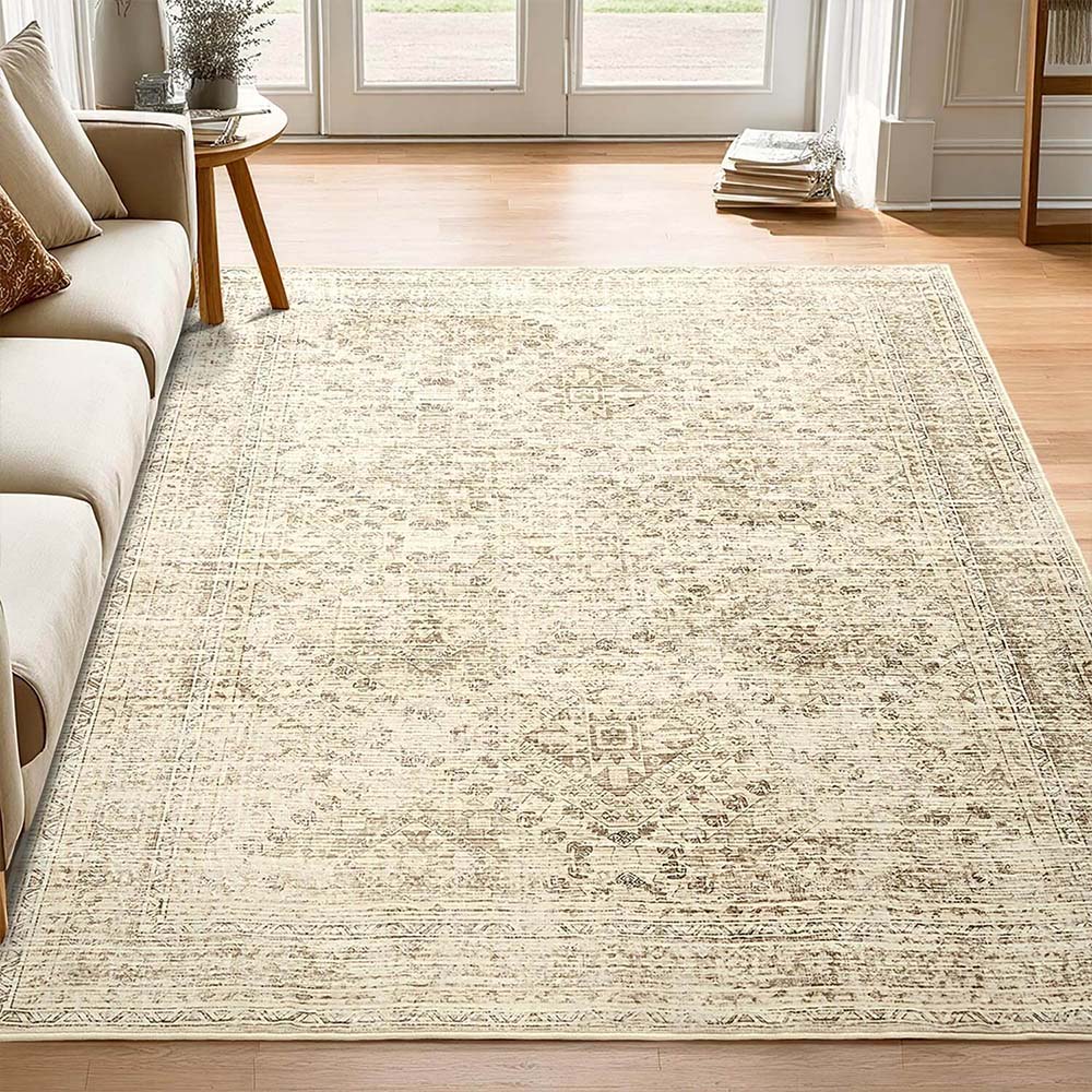 MIULEE 5x7 Vintage Living Room Rug Washable Area Rugs Low Pile Floor Mat Beige