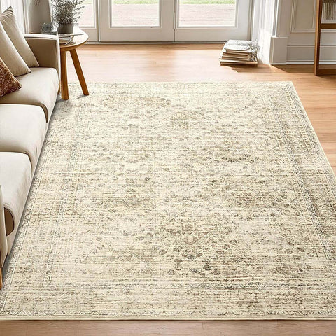 MIULEE 5x7 Vintage Living Room Rug Washable Area Rugs Low Pile Floor Mat Beige