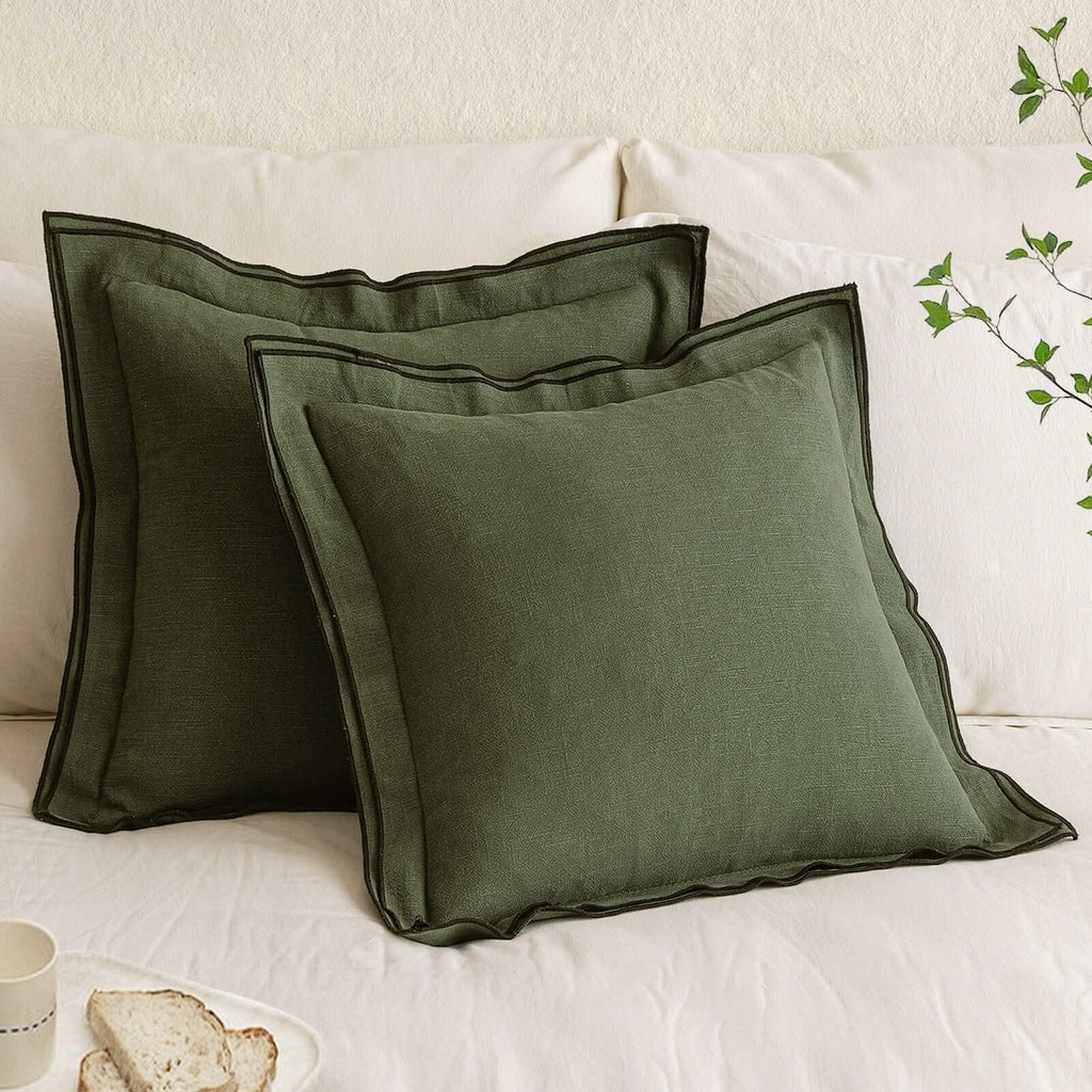 MIULEE Linen Pillow Covers 18x18 Inch Dark Olive Green Throw Pillow Covers Christmas Cozy Boho Farmhouse Cushion Covers Embroidered Borders for Couch Sofa Bedroom Living Room Home Decor