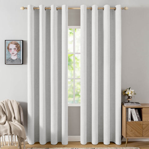 MIULEE 90 Inches Linen Textured Curtains for Bedroom 100% Blackout Thermal Insulated Heathered White Grommet Room Darkening Drapes Luxury Decor for Living Room Nursery 52 x 90 Inch (2 Panels)