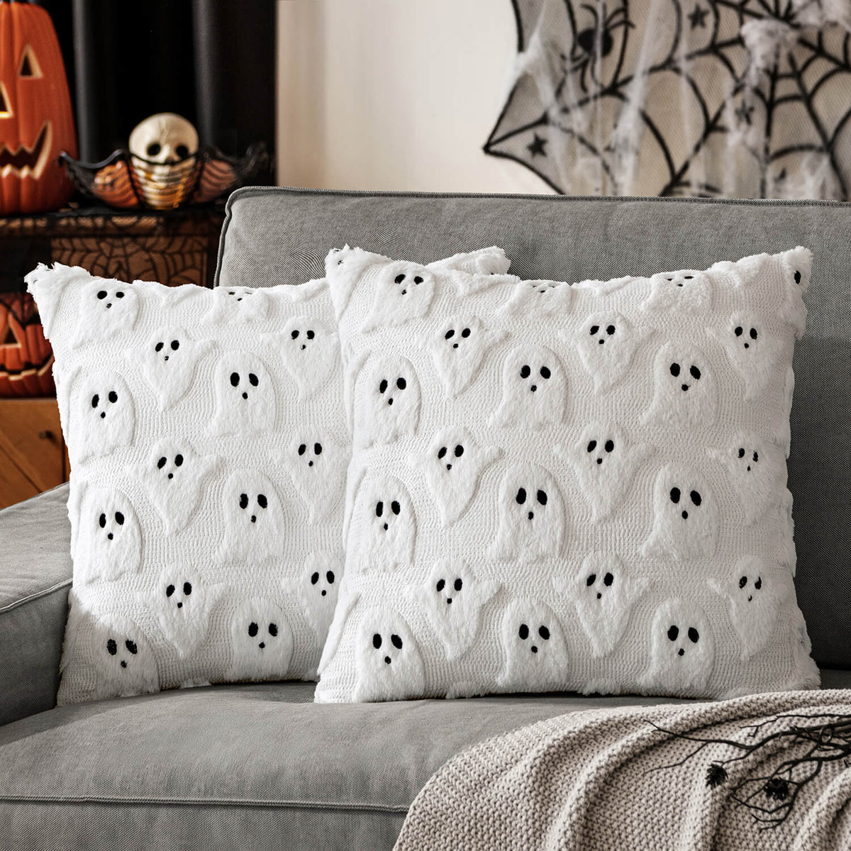 MIULEE Halloween Pillow Covers Ghost Spooky Throw Pillows Set of 2 Soft Plush Faux Fur Decorative Cushion Covers for Couch Sofa Bed Living Room Halloween Decor 16x16 inch White