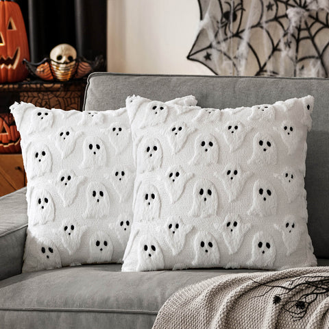 MIULEE Halloween Pillow Covers Ghost Spooky Throw Pillows Set of 2 Soft Plush Faux Fur Decorative Cushion Covers for Couch Sofa Bed Living Room Halloween Decor 16x16 inch White