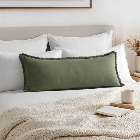 Neutral Linen Fringe Throw Pillow Covers Olive Green 36x14-inch
