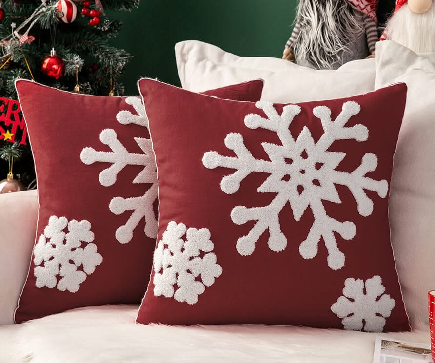 MIULEE Pack of 2 Christmas Decorative Snowflake Throw Pillow Covers Canvas Embroidery Cushion Cases Holiday Decor Soft Pillowcases for Couch Sofa Bedroom Car（Burgundy, 18x18in）