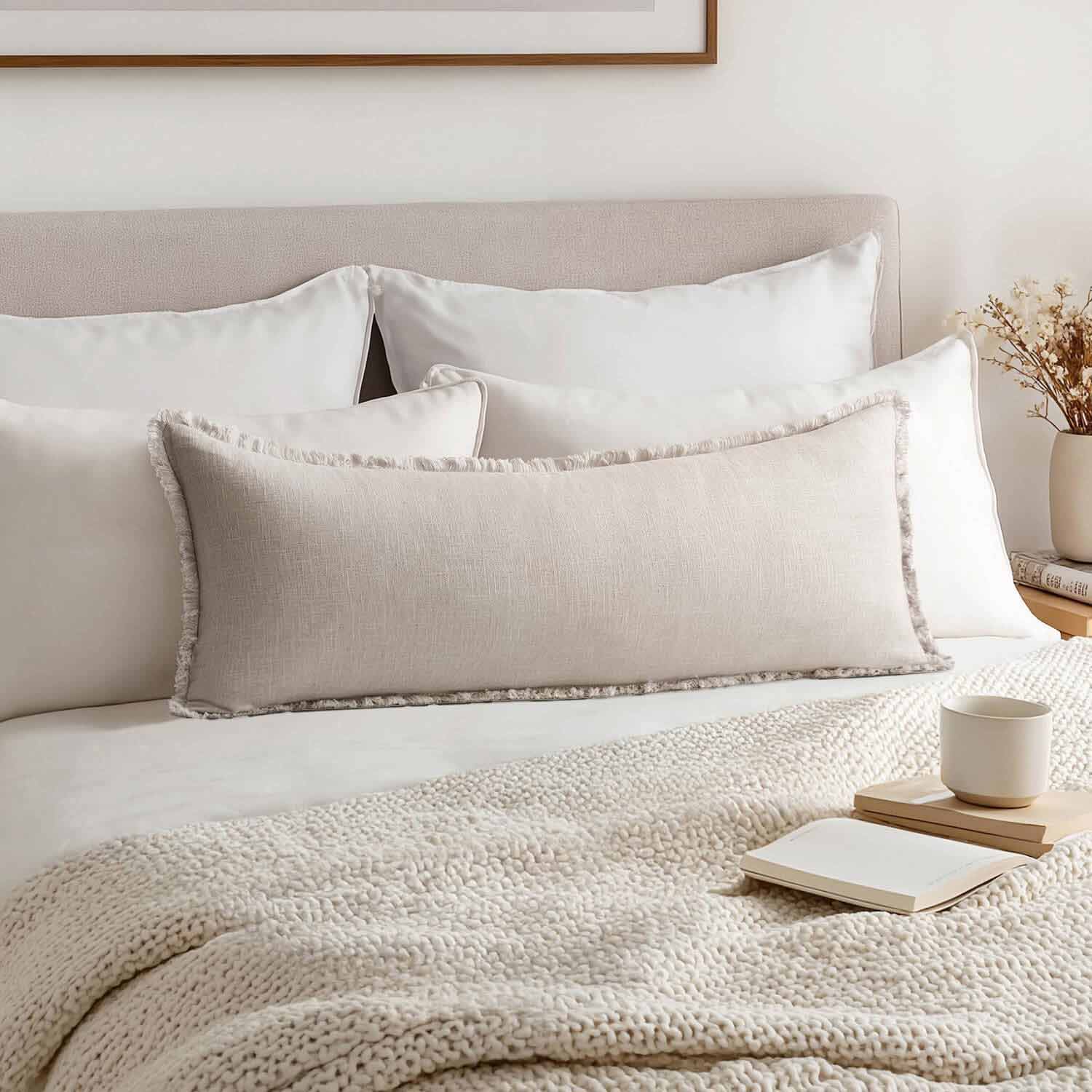 Neutral Linen Fringe Throw Pillow Covers Natural Beige 36x14-inch