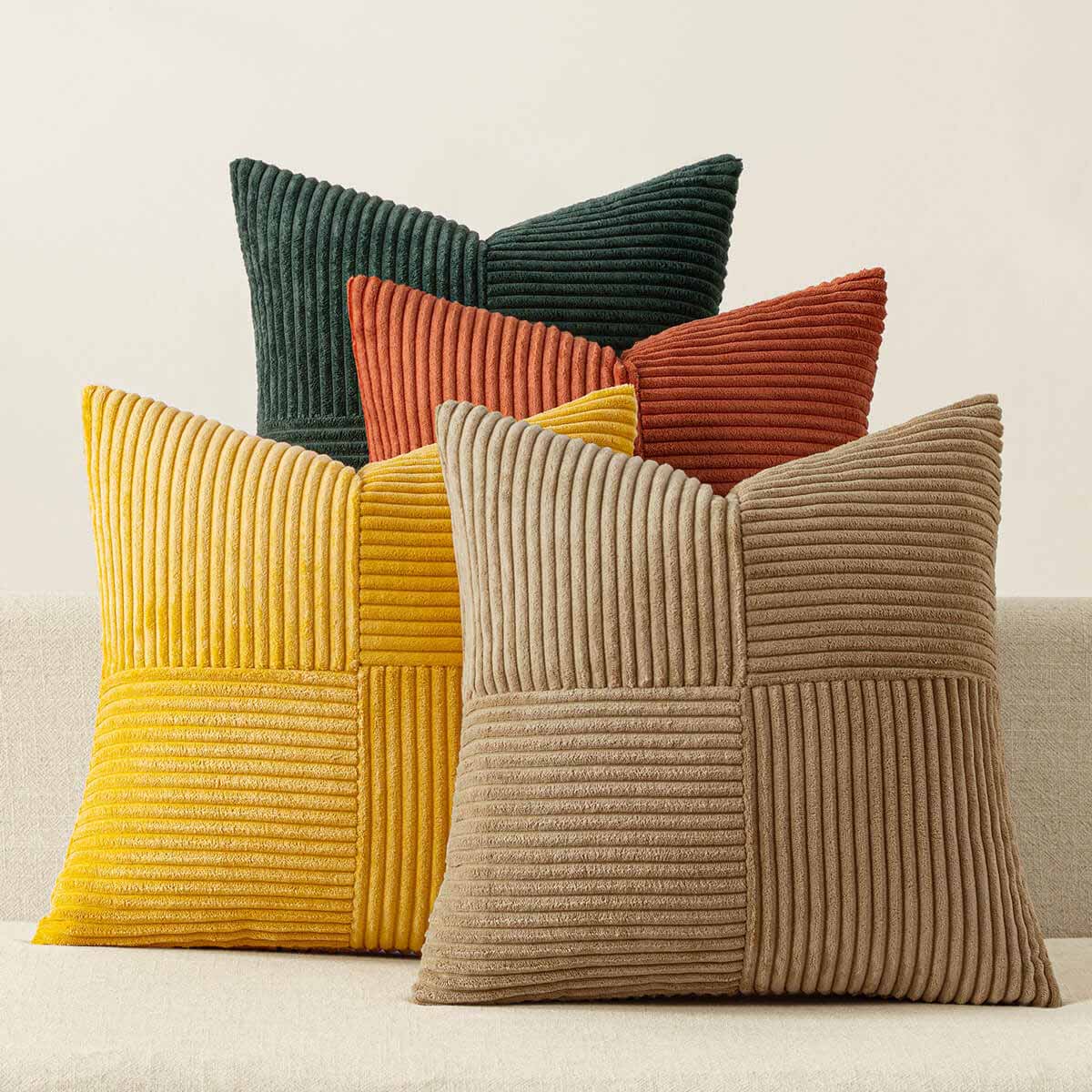 Patchwork Corduroy Farmhouse Pillow Covers Green Rust 18x18-inch