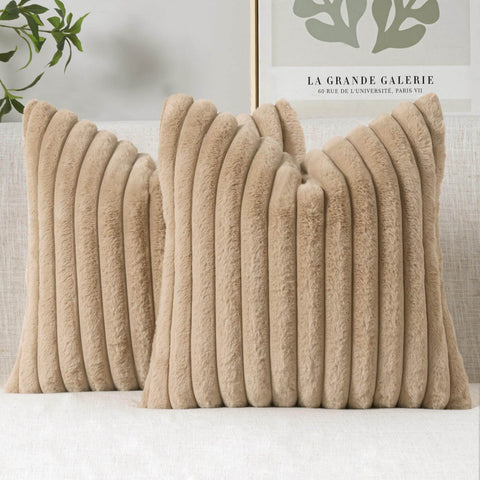 MIULEE Faux Fur Decorative Throw Pillow Covers 16x16 Inch Set of 2, Modern Spring Home Decor Soft Plush Couch Pillows Cozy Fluffy Cushion Covers for Sofa Khaki