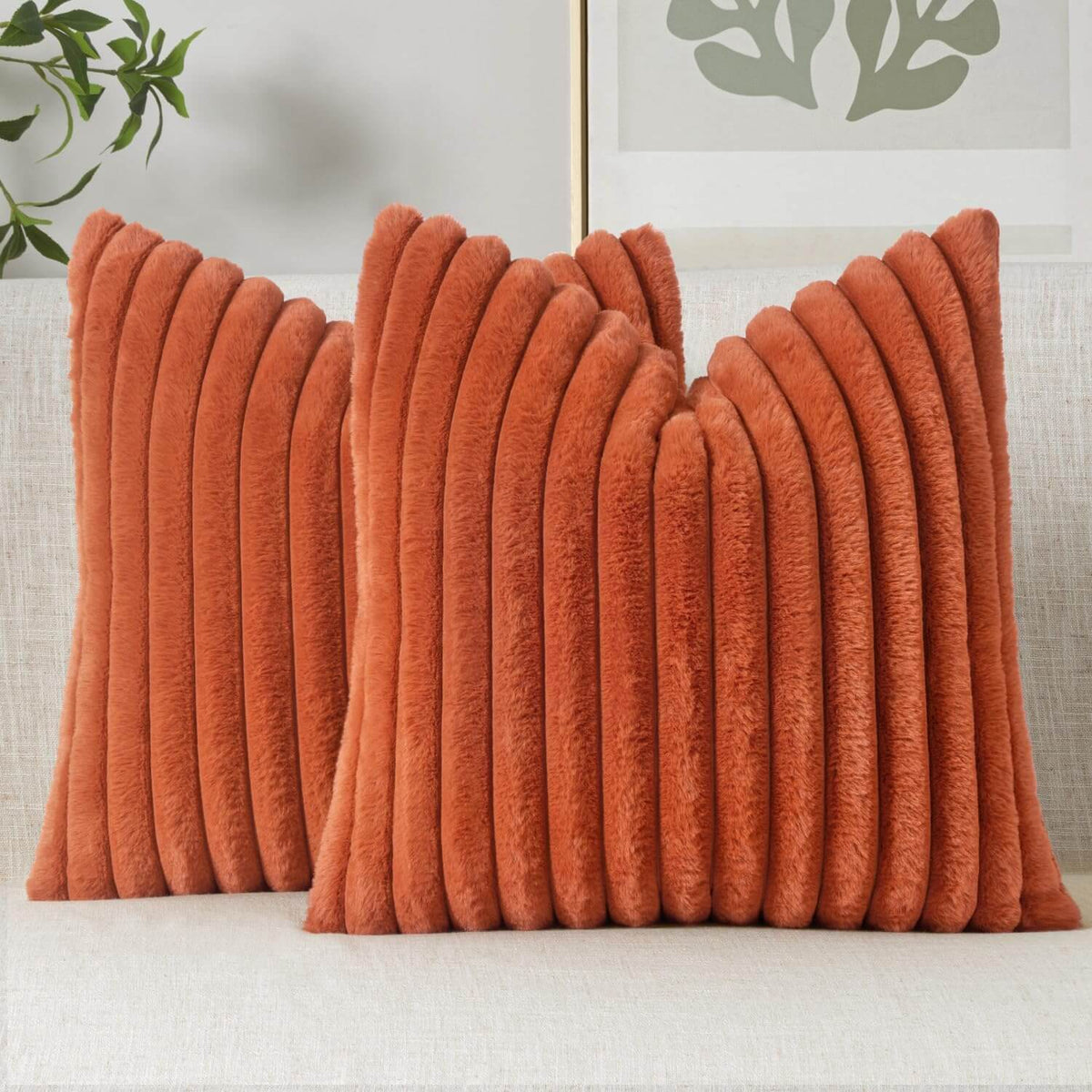 MIULEE Faux Fur Decorative Throw Pillow Covers 16x16 Inch Set of 2, Retro Vintage Boho Home Decor Soft Plush Couch Pillows Cozy Fluffy Cushion Covers for Sofa Bed Burnt Orange