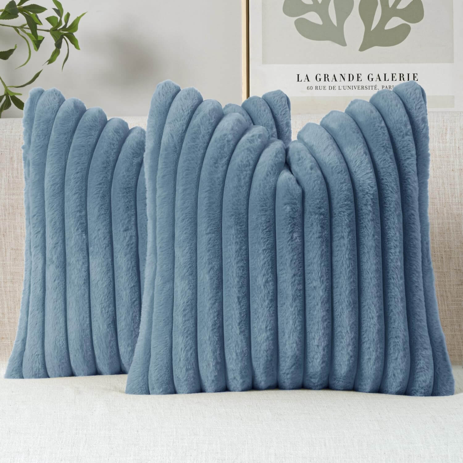 MIULEE Faux Fur Decorative Throw Pillow Covers 20x20 Inch Set of 2, Coastal Modern Art Home Decor Soft Plush Couch Pillows Cozy Fluffy Cushion Covers for Sofa Bed Grey Blue