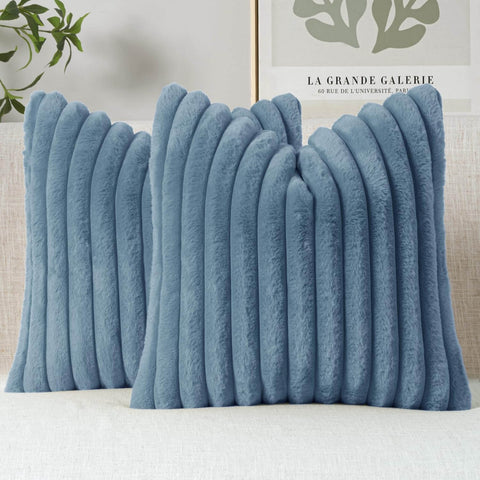 MIULEE Faux Fur Decorative Throw Pillow Covers 20x20 Inch Set of 2, Coastal Modern Art Home Decor Soft Plush Couch Pillows Cozy Fluffy Cushion Covers for Sofa Bed Grey Blue