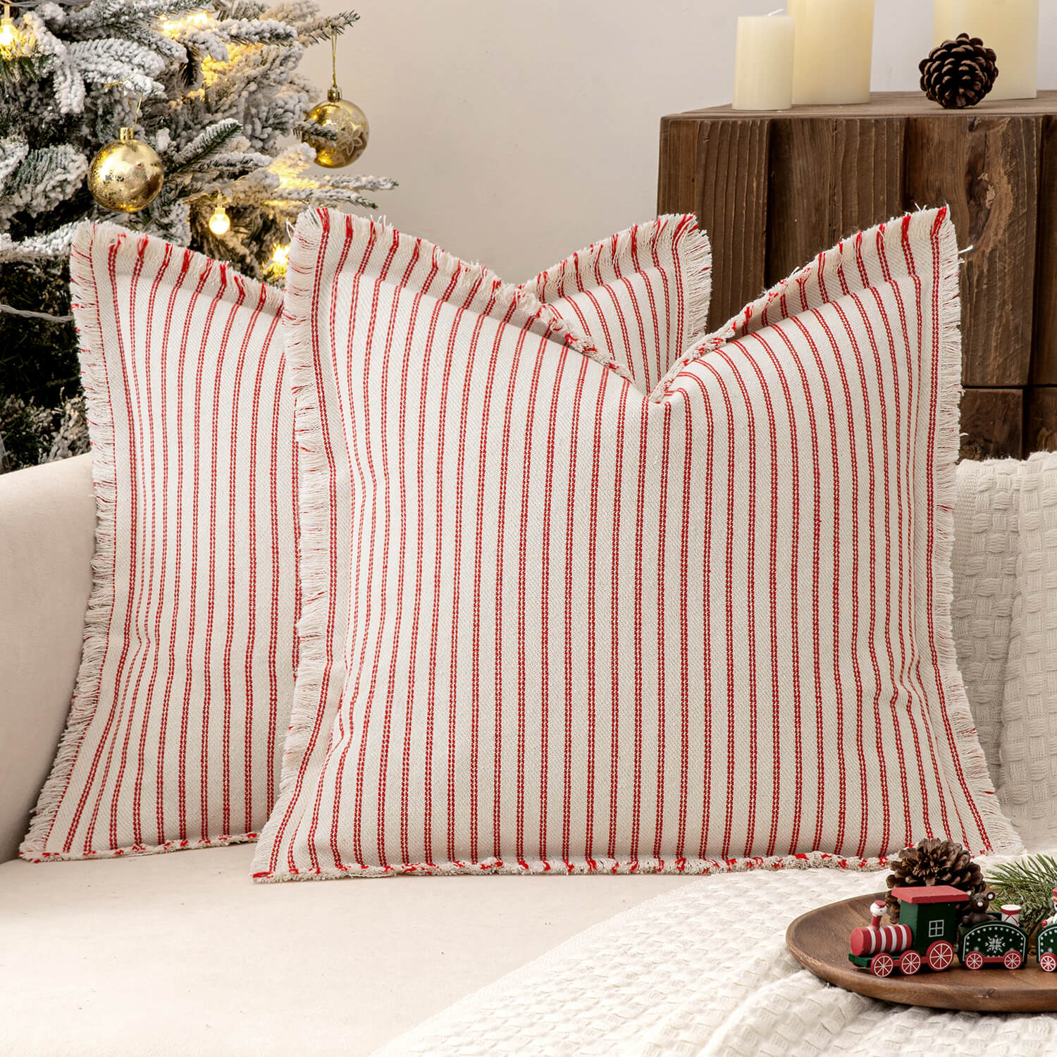 MIULEE Linen Striped Farmhouse Couch Throw Pillow Covers with Fringe (Pack of 2)_red