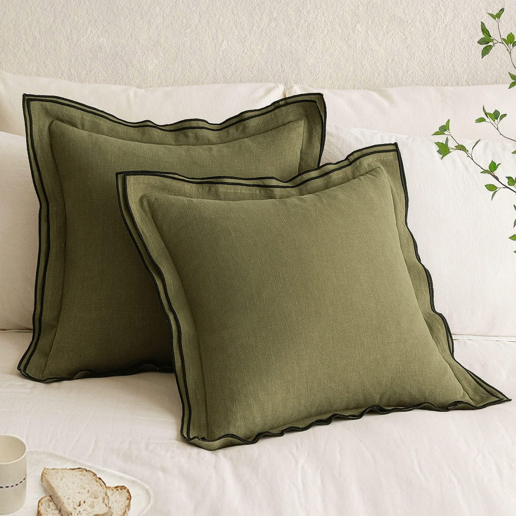 MIULEE Linen Pillow Covers 18x18 Inch Olive Green Throw Pillow Covers Cozy Boho Farmhouse Cushion Covers Embroidered Borders for Couch Sofa Bedroom Living Room Home Decor