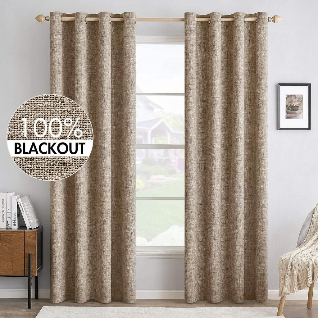 MIULEE 100% Blackout Linen Textured Curtains Nursery 52 x 84 Inch (2 Panels) | Copper Brown