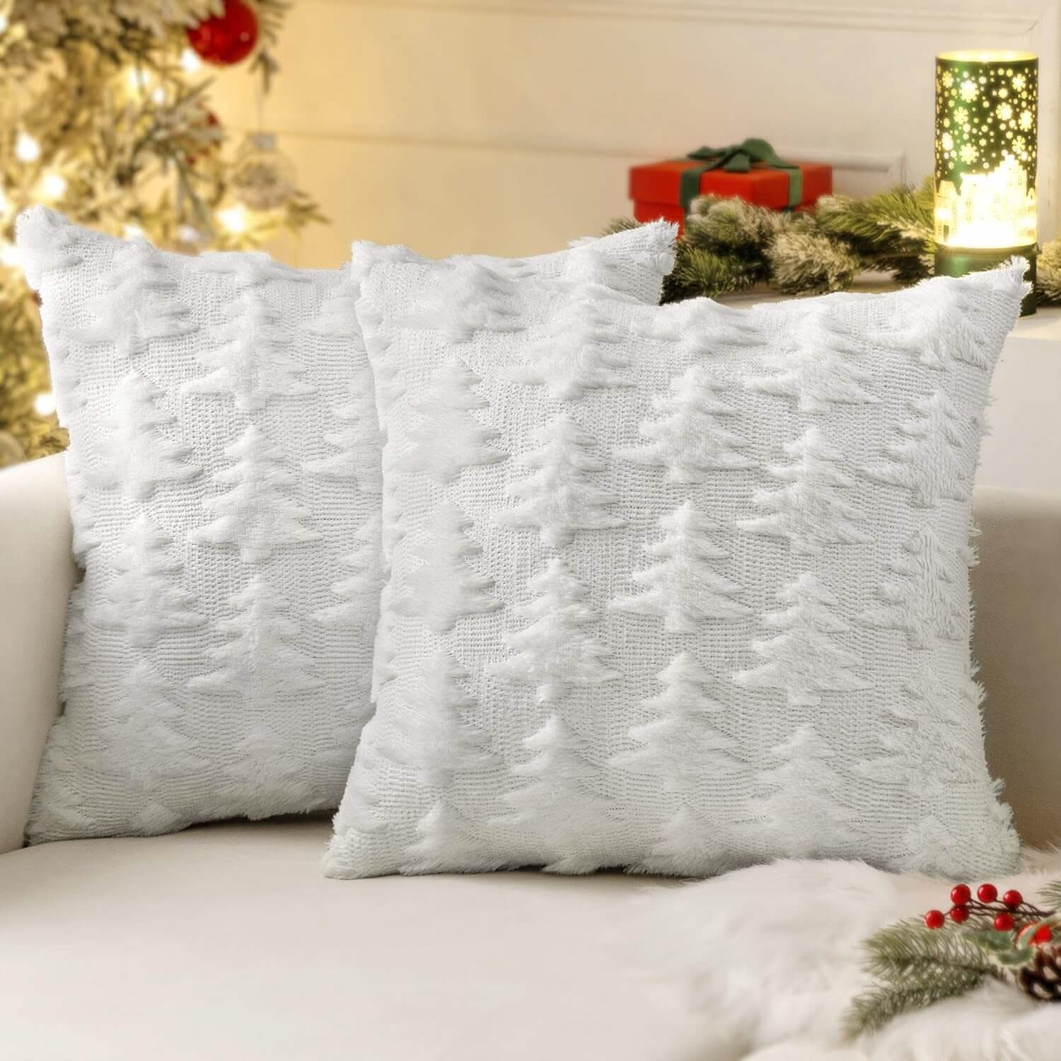 MIULEE Pure White Throw Pillow Covers Christmas Tree Decorative Pillow Covers 18x18 Inch Soft Plush Faux Wool Pillow Covers Set of 2 Farmhouse Couch Pillows Home Decors for Sofa Livingroom Bed