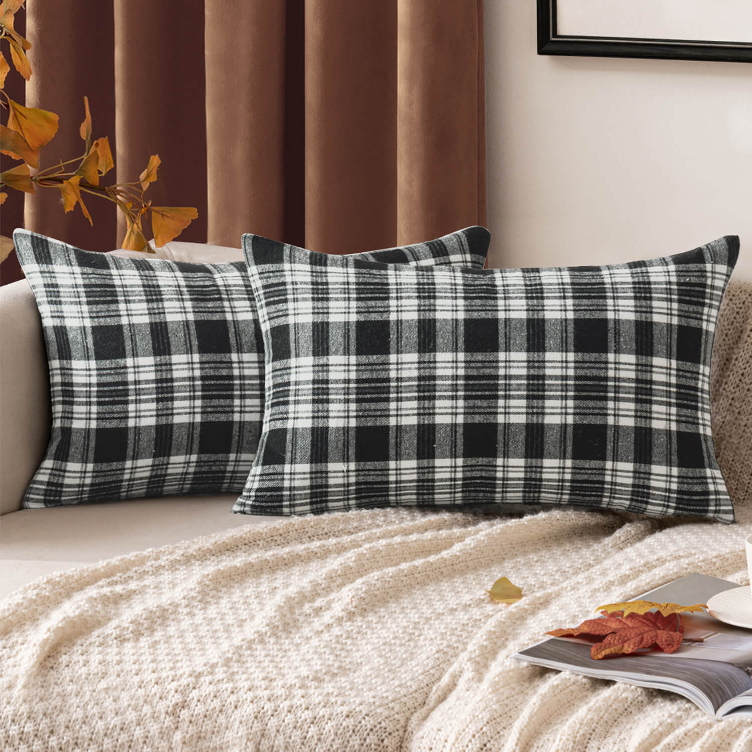 MIULEE Fall Set of 2 Scottish Tartan Plaid Lumbar Throw Pillow Covers Farmhouse Classic Decorative Square Cushion Cases for Decor Sofa Couch 12x20 Inch, Black and White