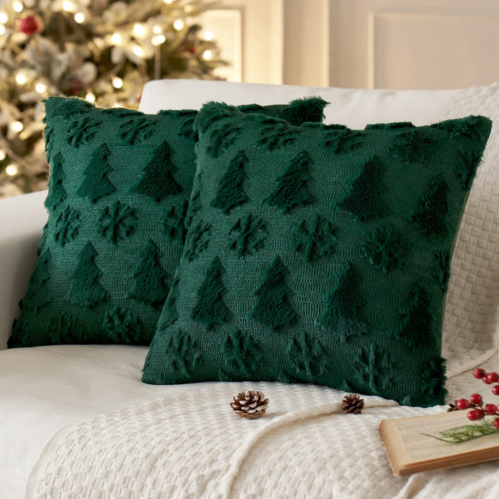 MIULEE Christmas Tree and Snowflakes Pillow Covers 18x18 Inch Dark Green Throw Pillows Set of 2 Decorative Soft Fluffy Pillowcases for Home Decors Couch Sofa Livingroom Bed