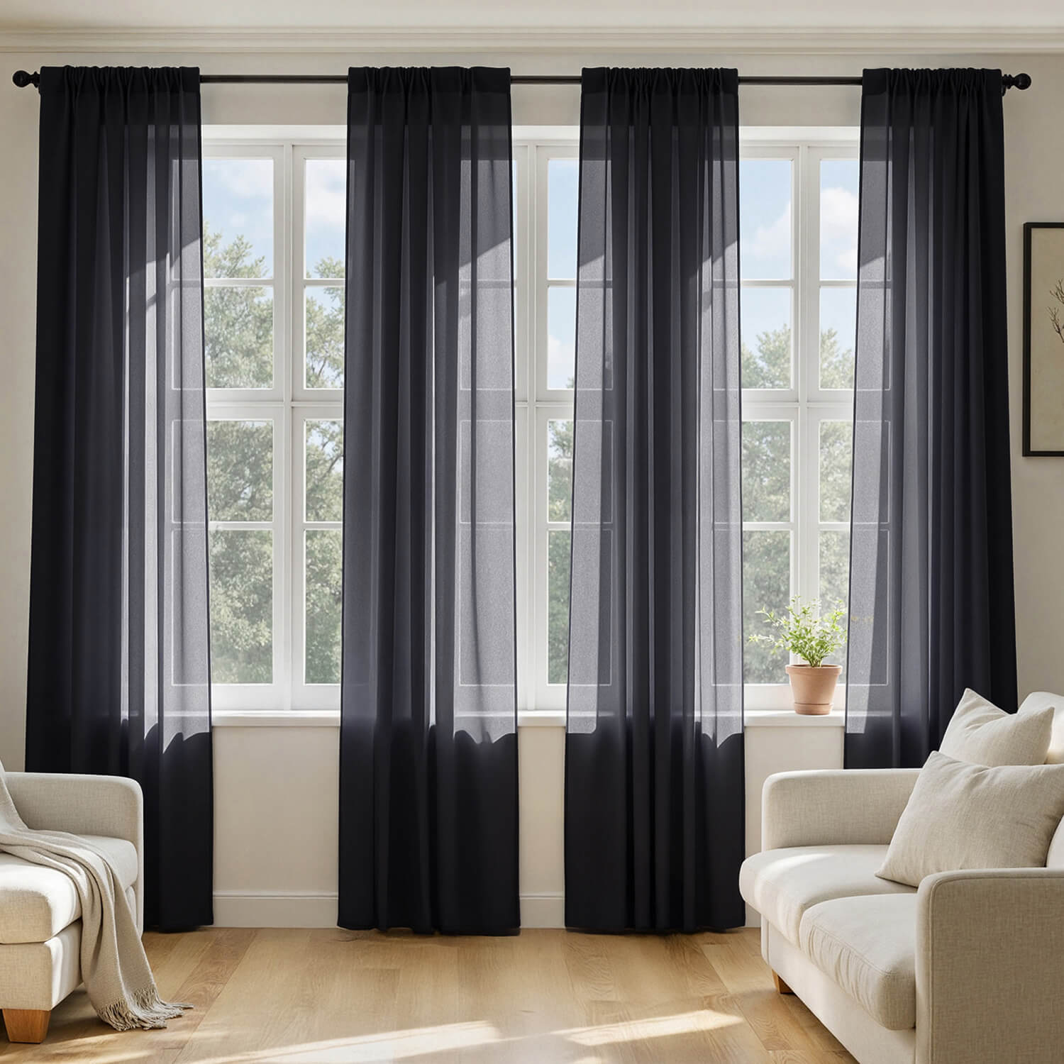 MIULEE Black Sheer Curtains 63 Inches Long, 4 Panels Set, Light Filtering Halloween Rod Pocket Voile Drapes for Living Room and Bedroom, Airy Soft Fabric Window Treatments, 42 x 63 Inches