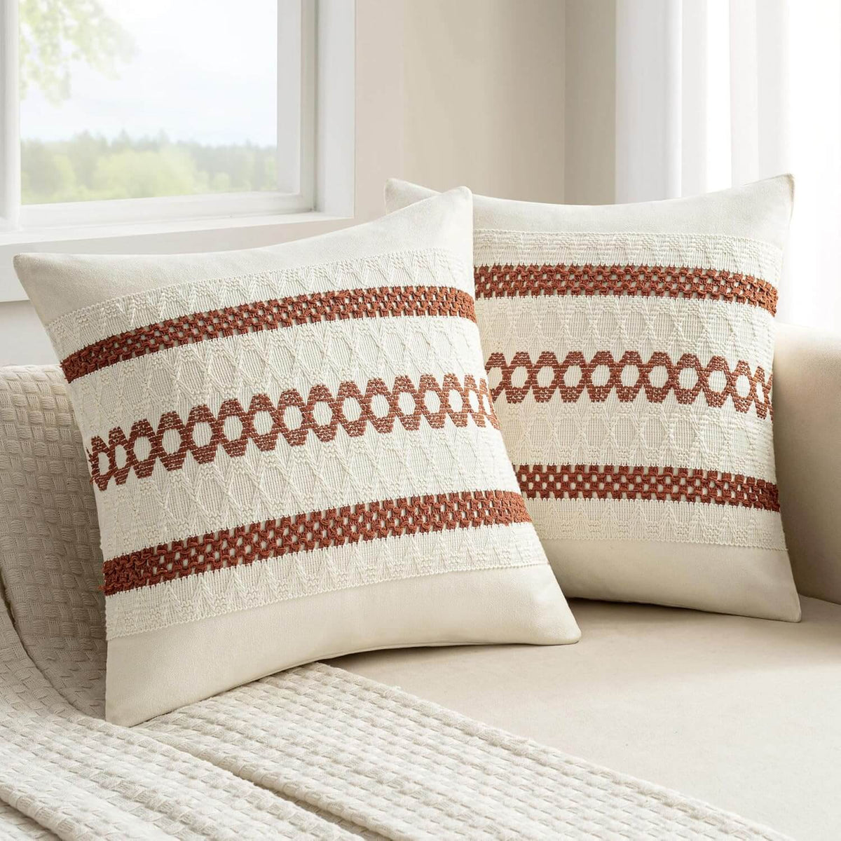 MIULEE Set of 2 Rust Boho Decorative Pillow Covers 18x18 Inch Farmhouse Rustic Couch Throw Pillows Modern Cotton Cushion Covers Retro Cute Macrame Woven Home Decor for Bed Sofa Chair