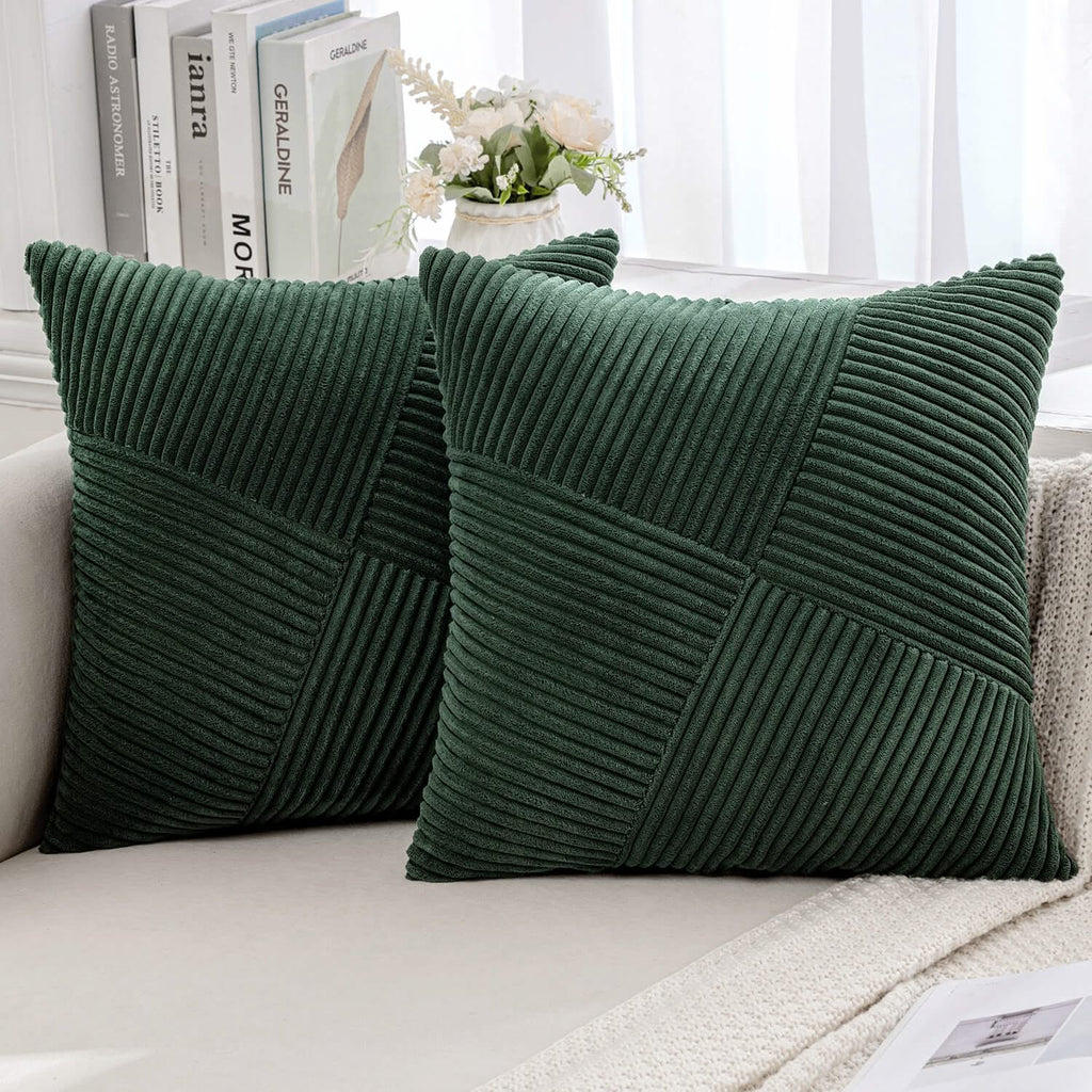 MIULEE Christmas Corduroy Throw Pillow Covers Pack of 2 Decorative Windmill Striped Spliced Soft Couch Pillowcases Boho Patchwork Cushion Covers for Living Room Bed Sofa 18x18 inch, Army Green