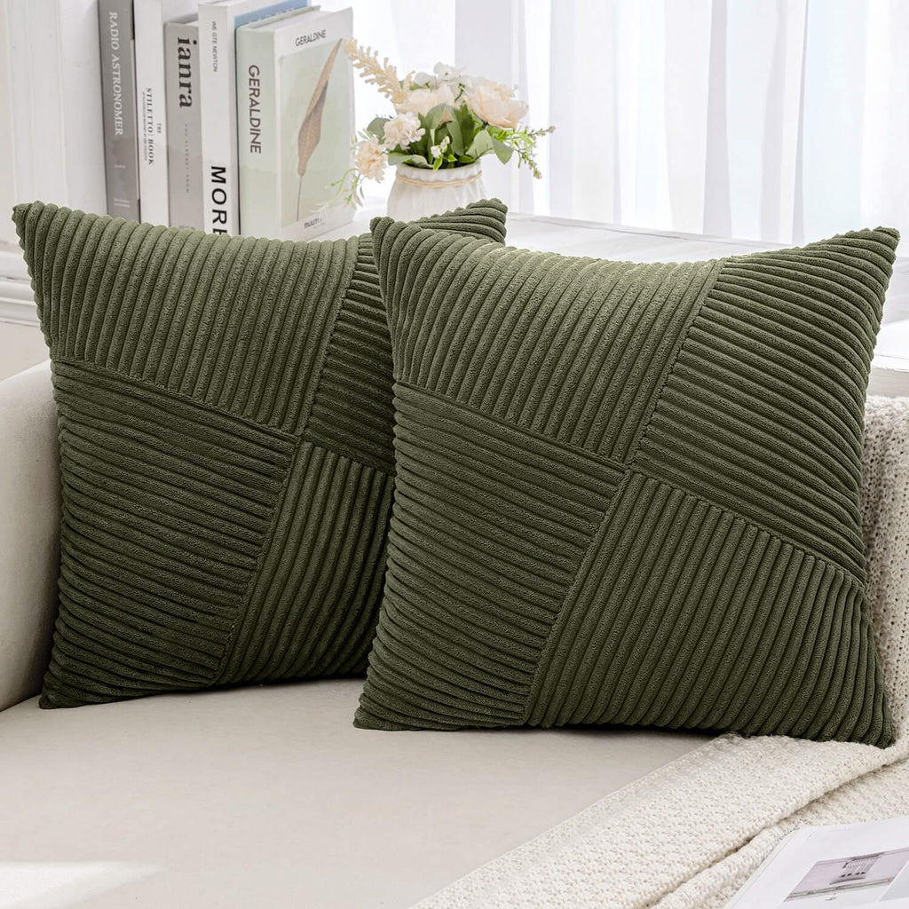 MIULEE Christmas Corduroy Throw Pillow Covers Pack of 2 Decorative Windmill Striped Spliced Soft Couch Pillowcases Boho Patchwork Cushion Covers for Living Room Bed Sofa 18x18 inch, Olive Green