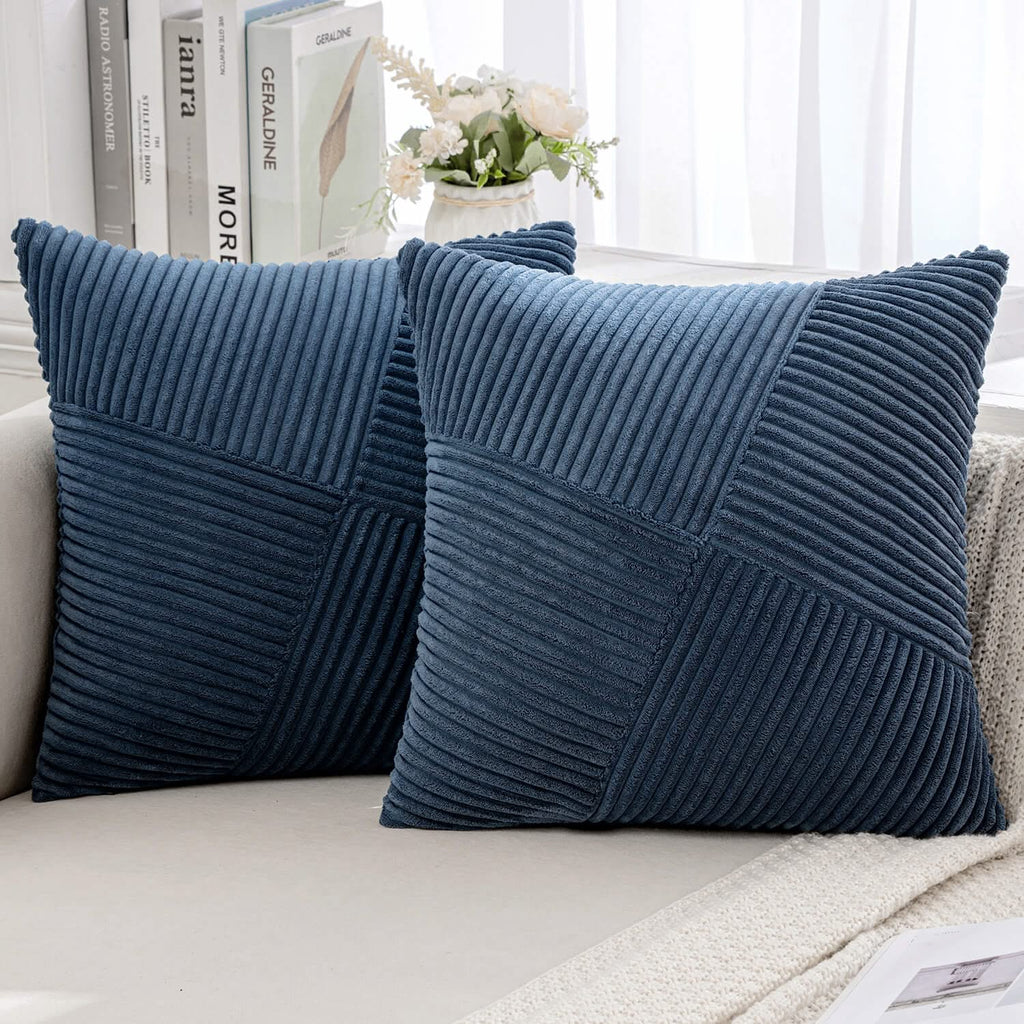 MIULEE Corduroy Pillow Covers Pack of 2 Decorative Windmill Striped Spliced Throw Pillow Covers Soft Couch Pillowcases Boho Patchwork Cushion Covers for Living Room Bed Sofa 18x18 inch, Blue