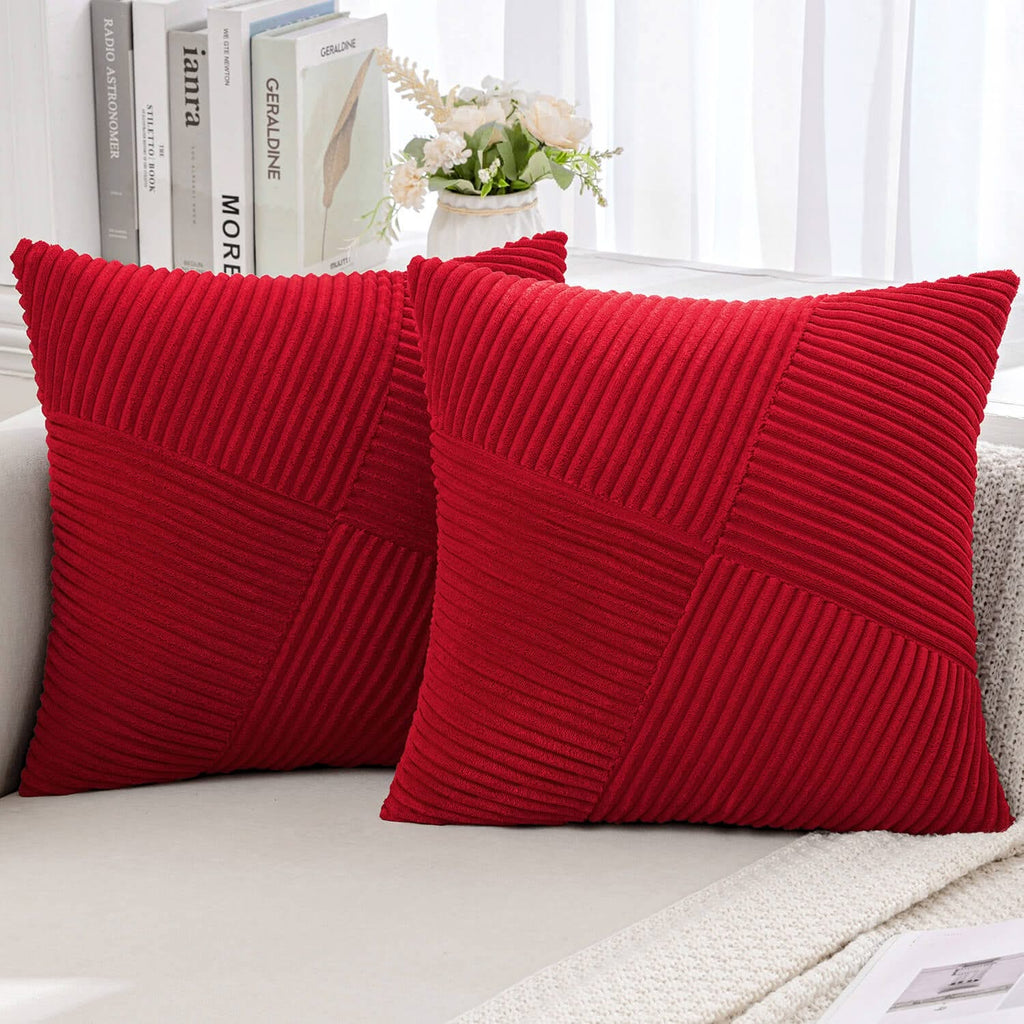 MIULEE Christmas Corduroy Throw Pillow Covers Pack of 2 Decorative Windmill Striped Spliced Soft Couch Pillowcases Boho Patchwork Cushion Covers for Living Room Bed Sofa 20x20 inch, Red