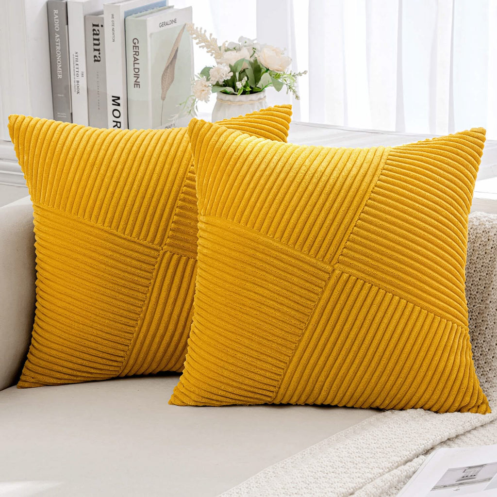 MIULEE Fall Corduroy Pillow Covers Pack of 2 Decorative Windmill Striped Spliced Throw Pillow Covers Soft Couch Pillowcases Patchwork Cushion Covers for Living Room Bed Sofa 16x16 inch, Mustard Yellow