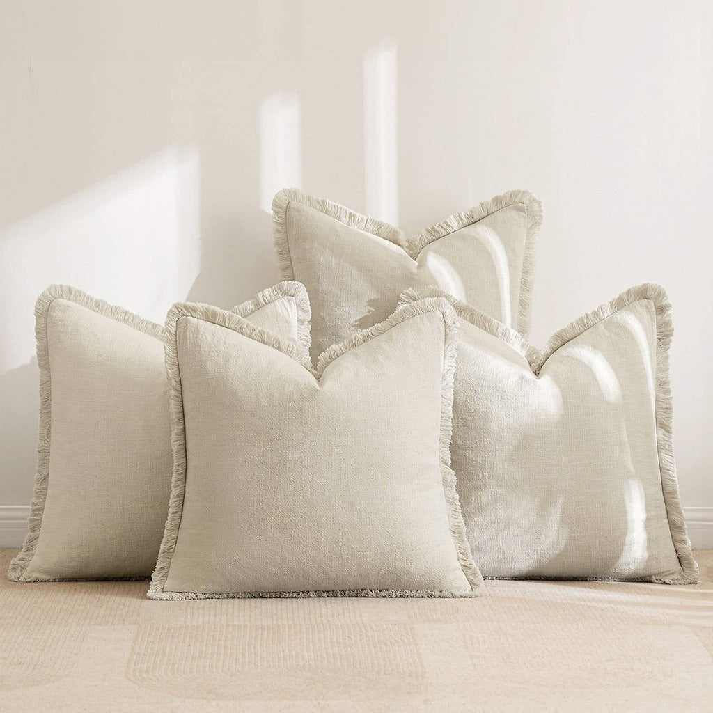 MIULEE Linen Pillow Covers 18x18 Inch Natural Beige Decorative Throw Pillows with Fringe Pack of 4 Soft Farmhouse Boho Couch Christmas Pillows Home Decors for Sofa Cushion Living Room Bed