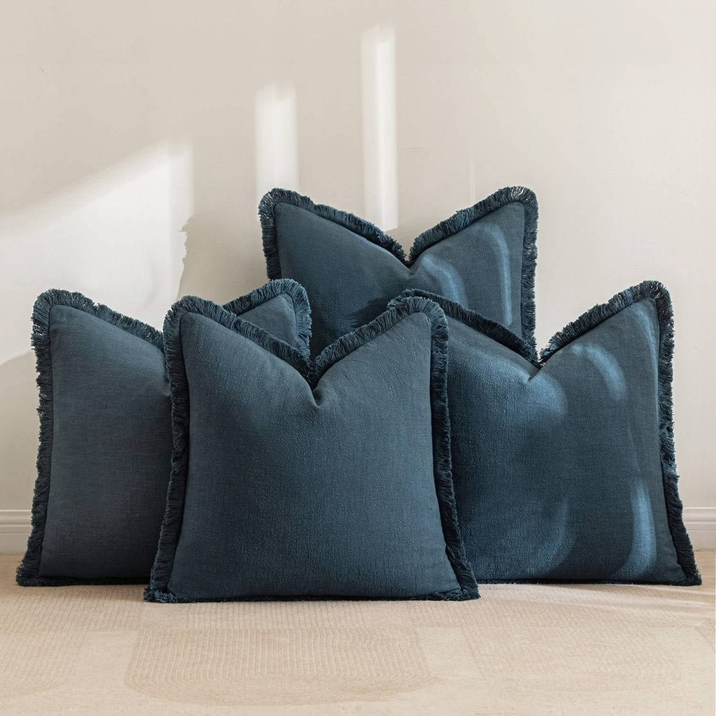 MIULEE Linen Pillow Covers 18x18 Inch Dark Blue Decorative Throw Pillows with Fringe Pack of 4 Soft Farmhouse Boho Couch Pillows Home Decors for Sofa Cushion Living Room Bed